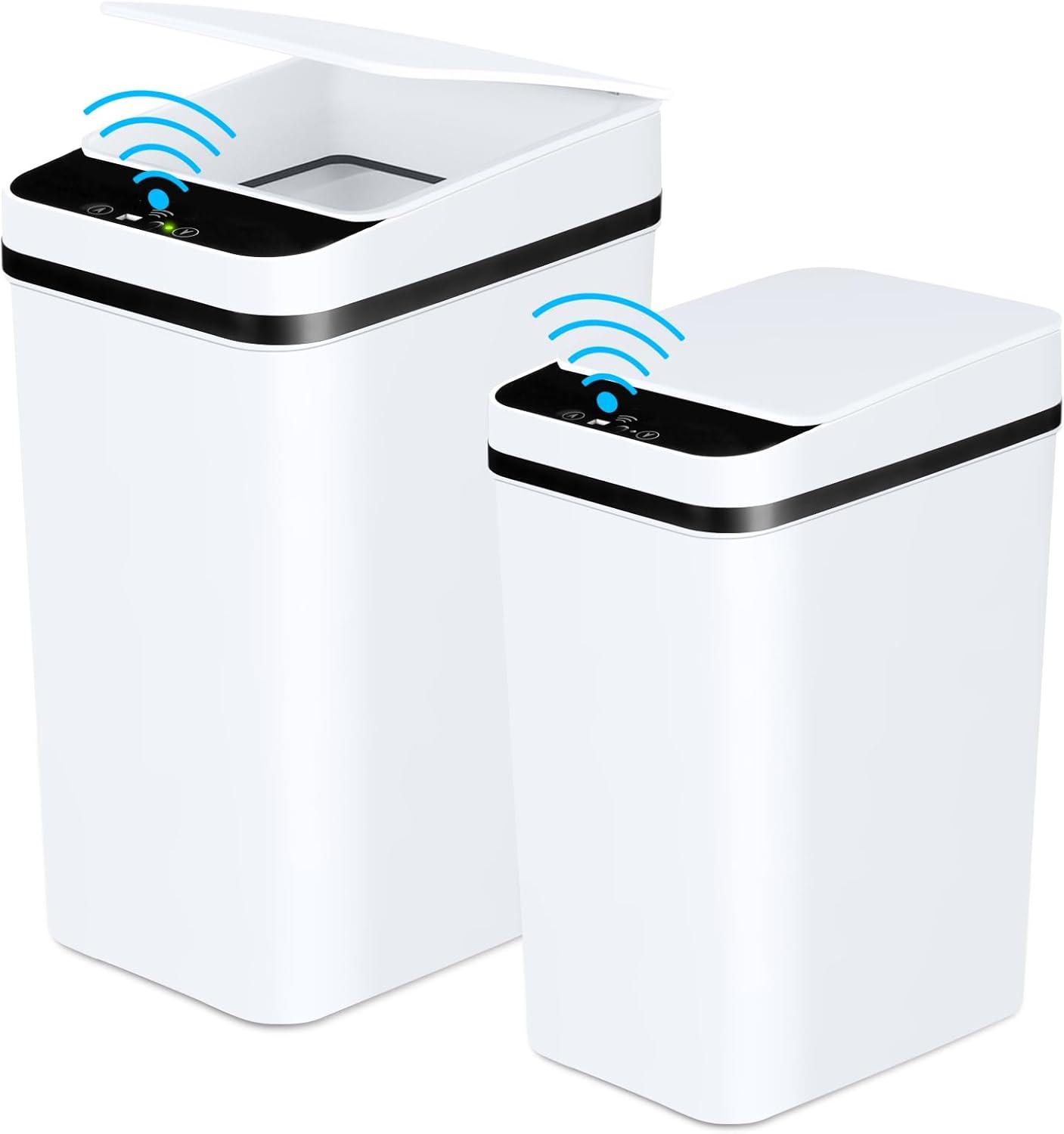 VQJTCVLY 2Pack Bathroom Small Trash Can with Lid, 2.6 Gallon Touchless Automatic Garbage Can Slim Waterproof Motion Sensor Smart Trash Bin for Bedroom, Office, Kitchen, Living Room (White)