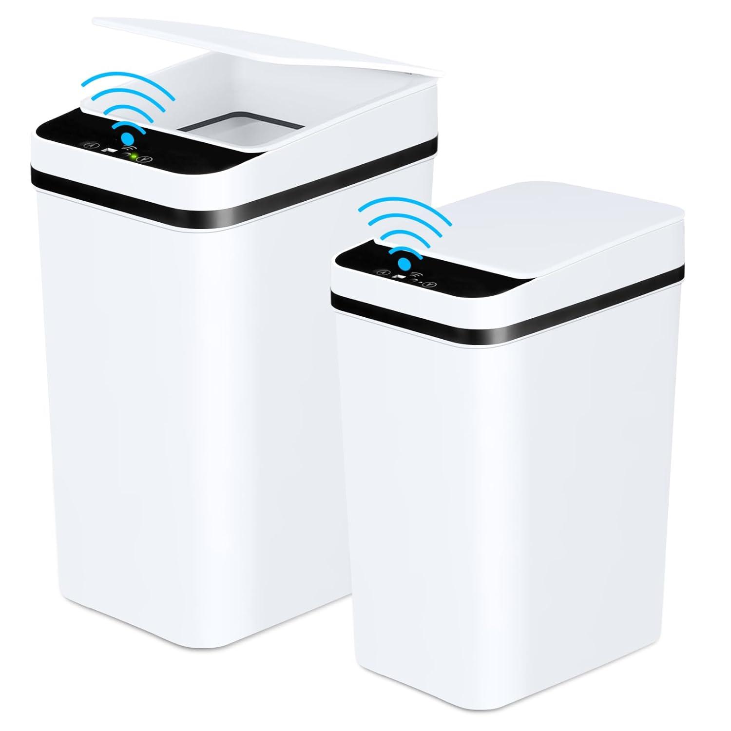 VQJTCVLY 2Pack Bathroom Small Trash Can with Lid, 2.6 Gallon Touchless Automatic Garbage Can Slim Waterproof Motion Sensor Smart Trash Bin for Bedroom, Office, Kitchen, Living Room (White)
