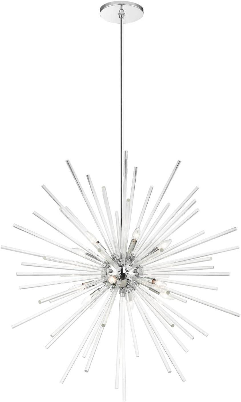 Polished Chrome 12-Light Foyer Pendant Chandelier with Clear Crystal Rods