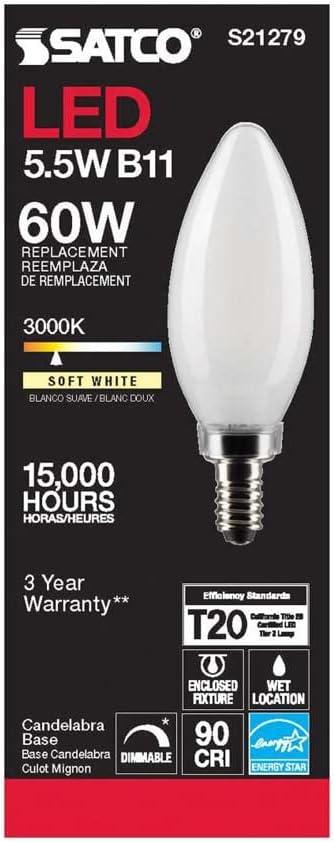 Satco Lighting 5.5 Watt Dimmable B11 Candelabra (E12) LED Bulb - 500 Lumens, And 90CRI S21279
