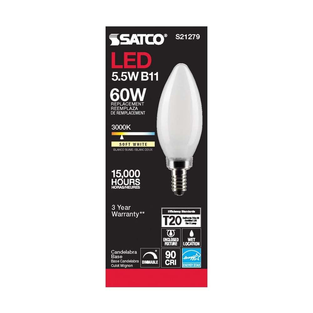 Satco Lighting 5.5 Watt Dimmable B11 Candelabra (E12) LED Bulb - 500 Lumens, And 90CRI S21279