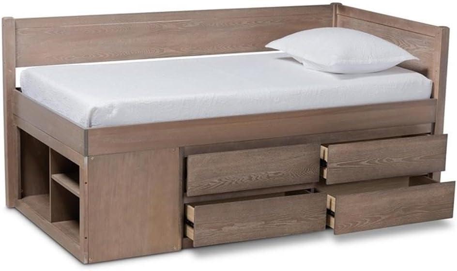 Twin 4 Drawer Levon Wood Storage Bed Antique Oak - Baxton Studio: MDF Frame, No Box Spring Needed