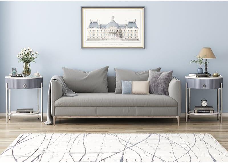 ASYA Gold End Table with Drawer, 2-Tier Nightstand Side Table with Natural Stone Top, Round Bedside Table Accent Table for Living Room Bedroom