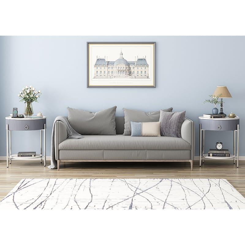 ASYA Gold End Table with Drawer, 2-Tier Nightstand Side Table with Natural Stone Top, Round Bedside Table Accent Table for Living Room Bedroom