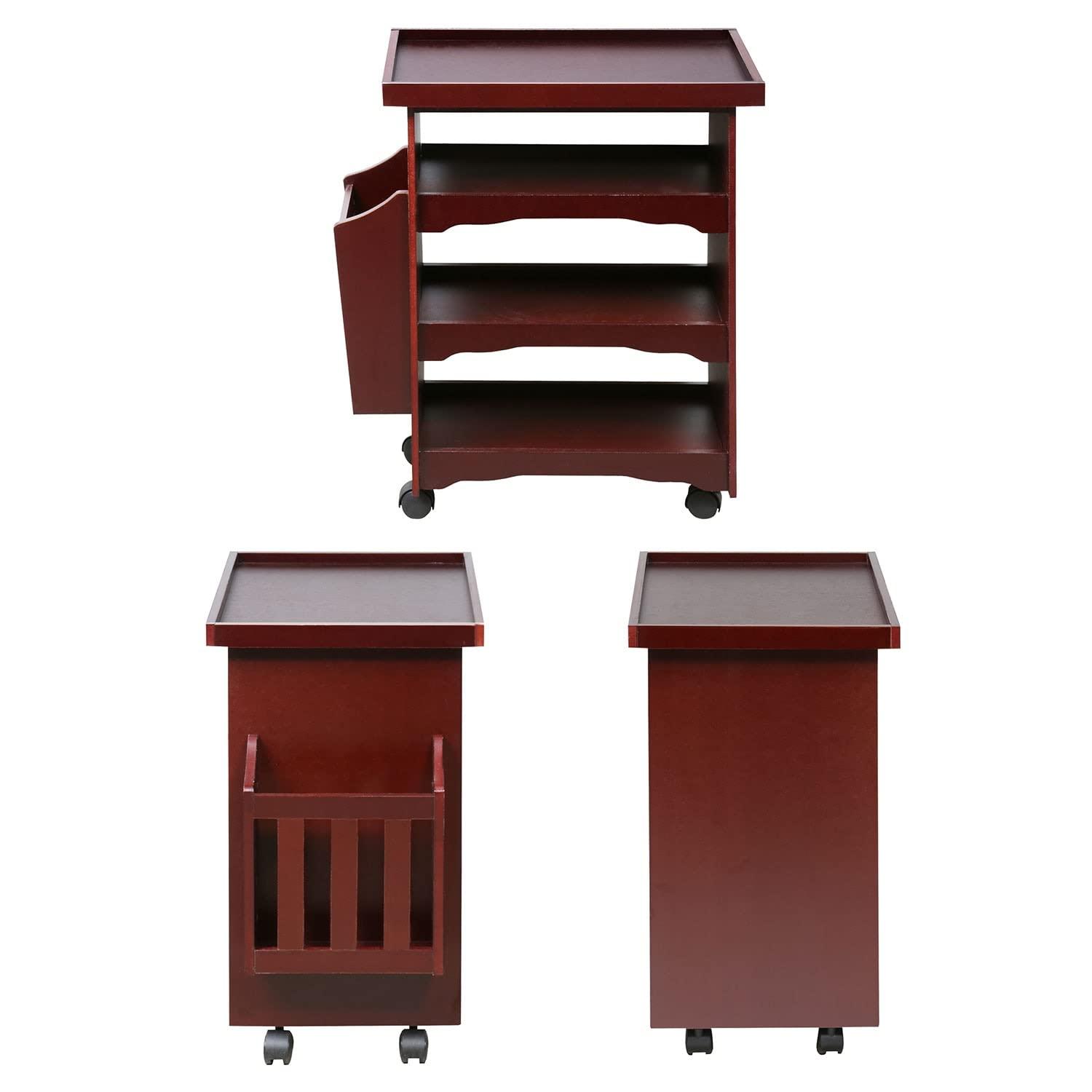 ETNA Rolling Bar Cart Multipurpose End Table with Wheels Narrow Side Table with Magazine Rack, Mahogany Wood Finish, 24" H x 21" L x 14" W