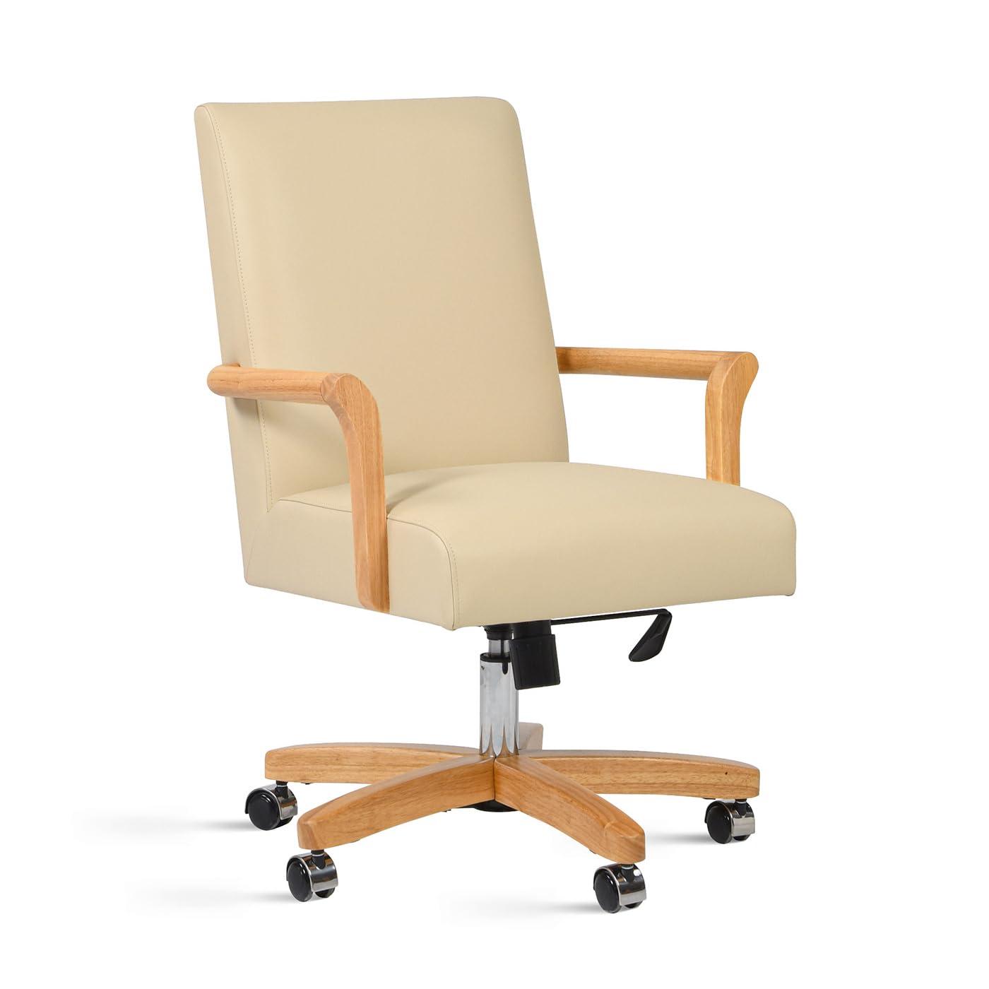 Dumont Modern Farmhouse High Back Executive Home Office Chair, Neutral Cream Beige Leather & Natural Wood