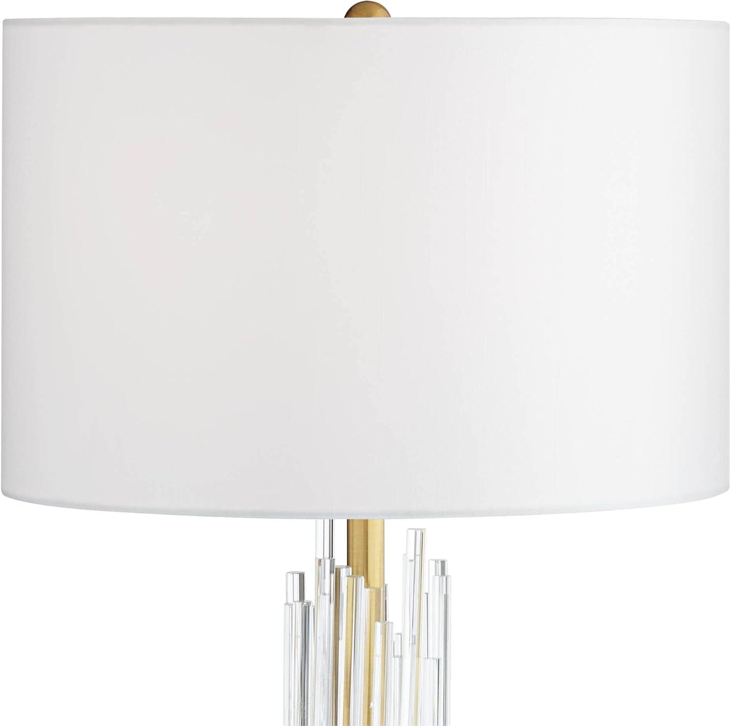 Aloise Mid Century Modern Glam Luxury Table Lamp 27.5" Tall Brass Metal Clear Glass Tube White Drum Shade Decor for Living Room Bedroom House Bedside Nightstand Home Office