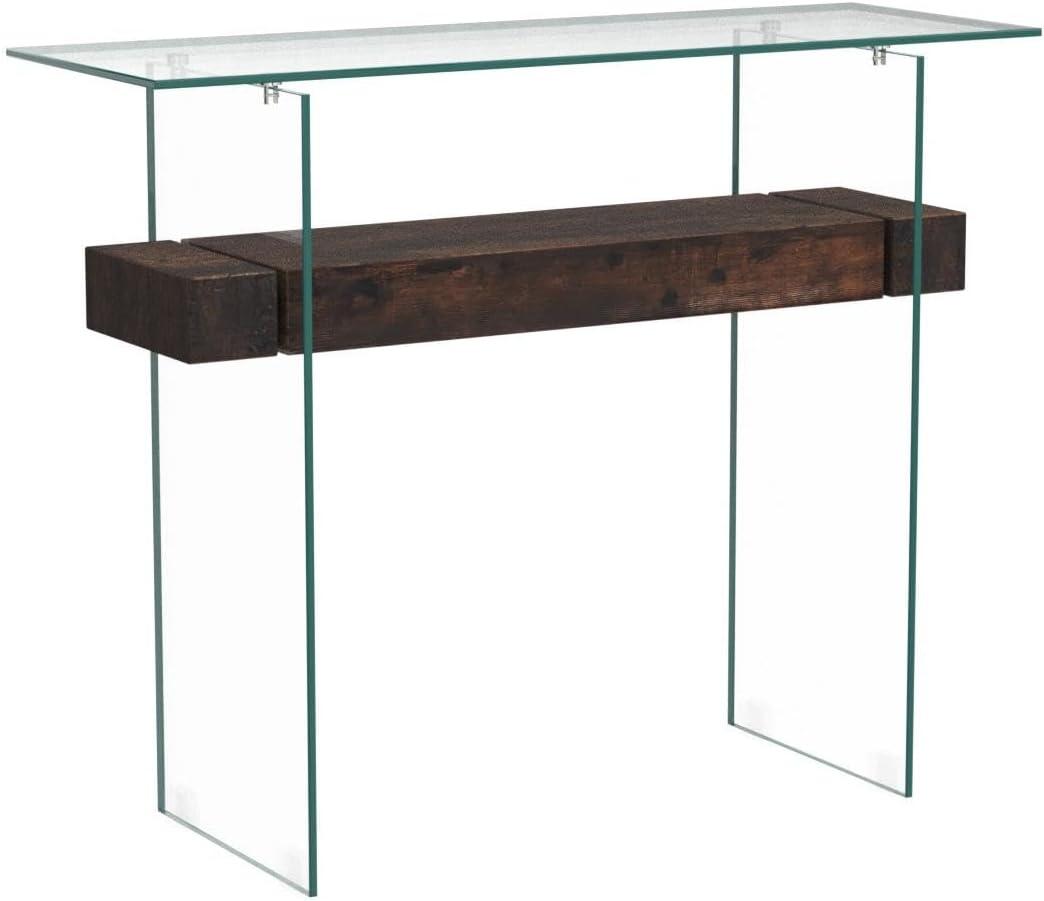 Sleek Dark Brown Glass-Top Console Table with Storage, 39.4"