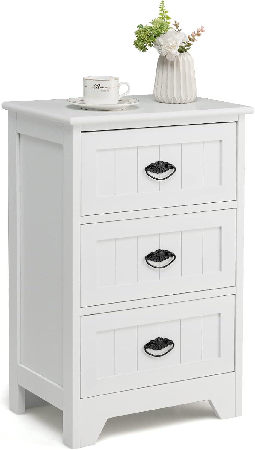 Gymax End Table Nightstand Bedroom Storage w/ 3 Drawers & Wood Slide White