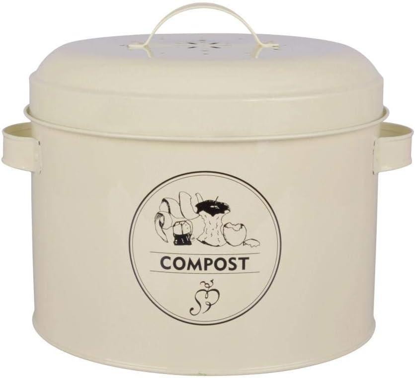 Cream Metal Kitchen Compost Bin with Lid Filter