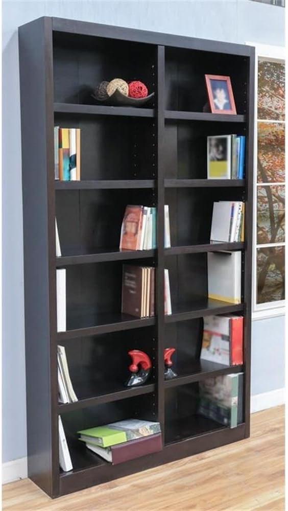 Double Wide Bookcase, Espresso Finish 12 Shelves