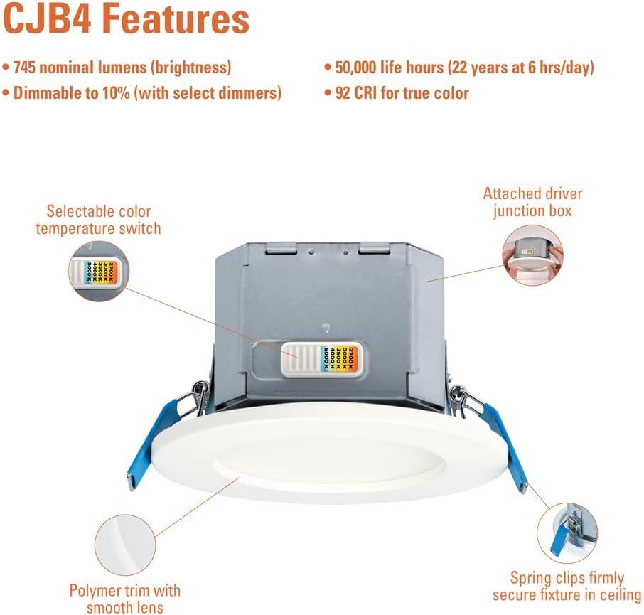 HALO CJB 4 inch 5CCT Canless Recessed Integrated LED Downlight with Attached JBOX 12 Pack