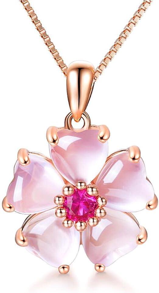 YOUMIYA Rose Gold Cherry Blossoms Necklace for Graduation Pink Beautiful Artificial Stone Crystal Necklace Best Gifts for Women Friend Lover