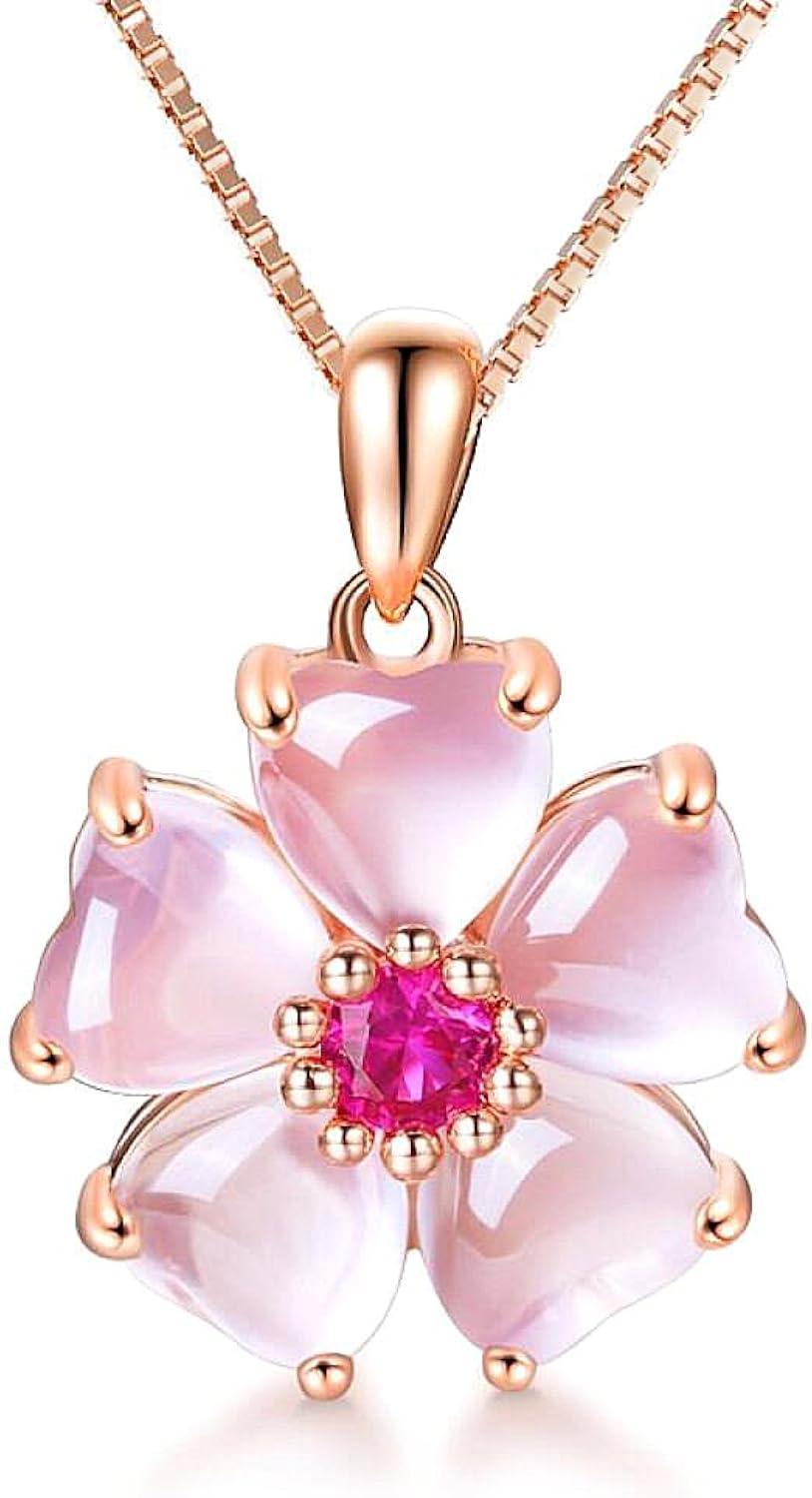 YOUMIYA Rose Gold Cherry Blossoms Necklace for Graduation Pink Beautiful Artificial Stone Crystal Necklace Best Gifts for Women Friend Lover