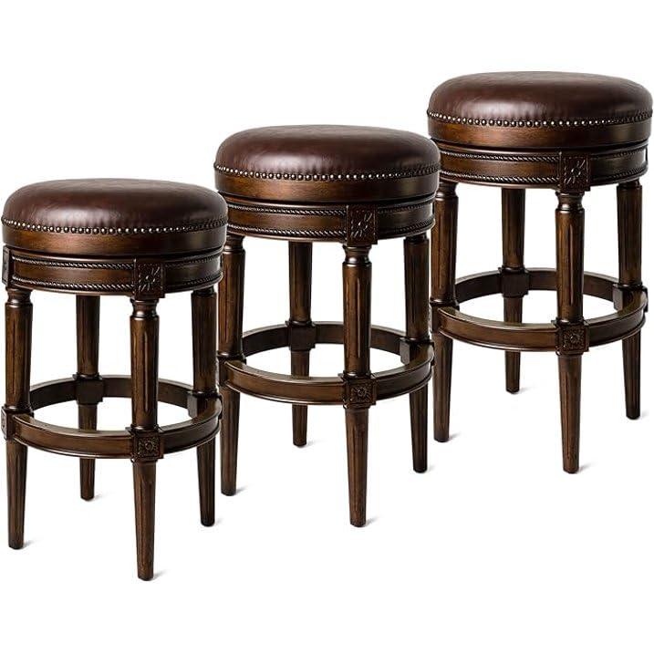 Maven Lane Pullman 31 Inch Tall Backless Alabaster White Finish Bar Height Upholstered Barstool with Cream Fabric Cushion Seat, Set of 3