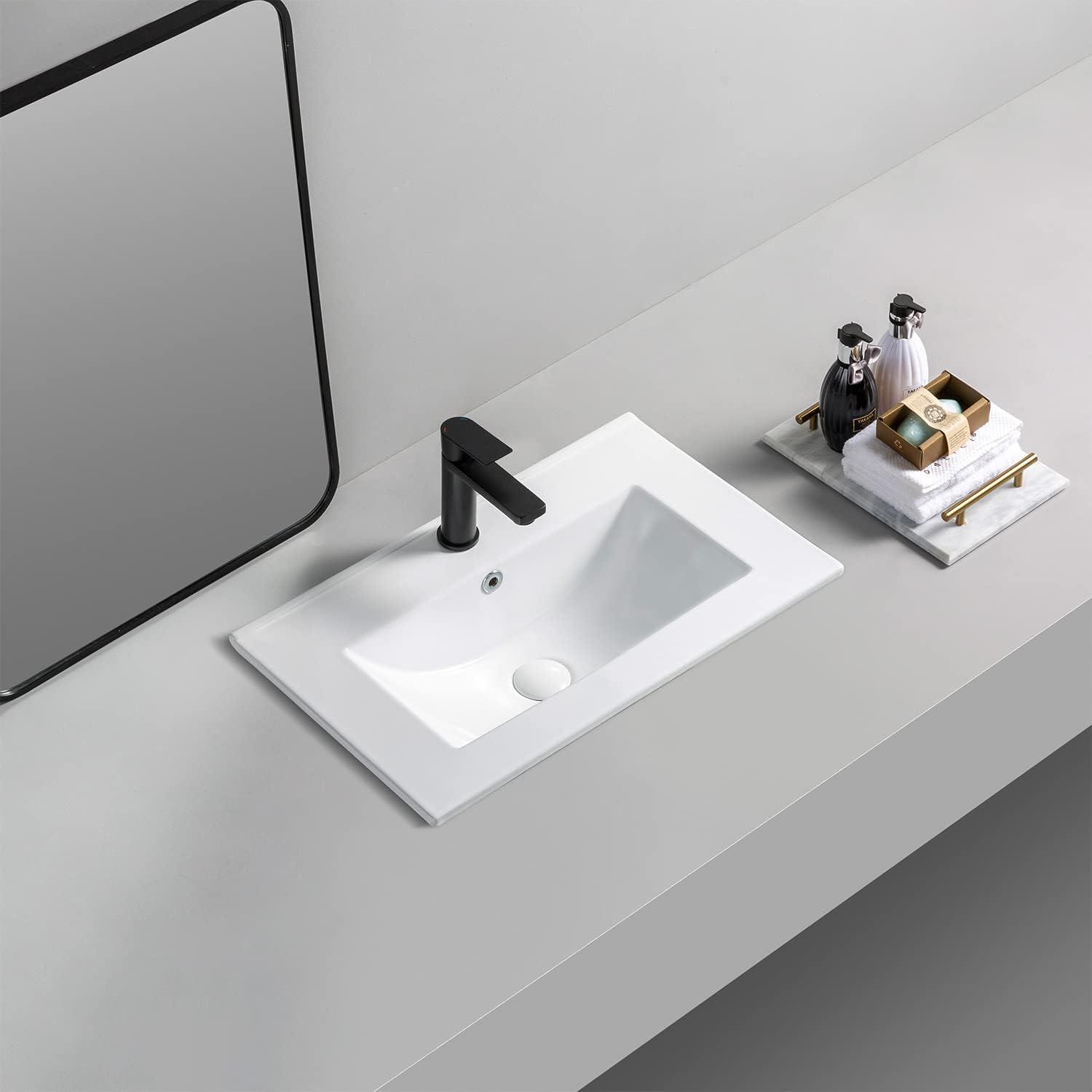 Miniyam 24" Ceramic Sink with Overflow, Drop in Bathroom Vessel Sink, White