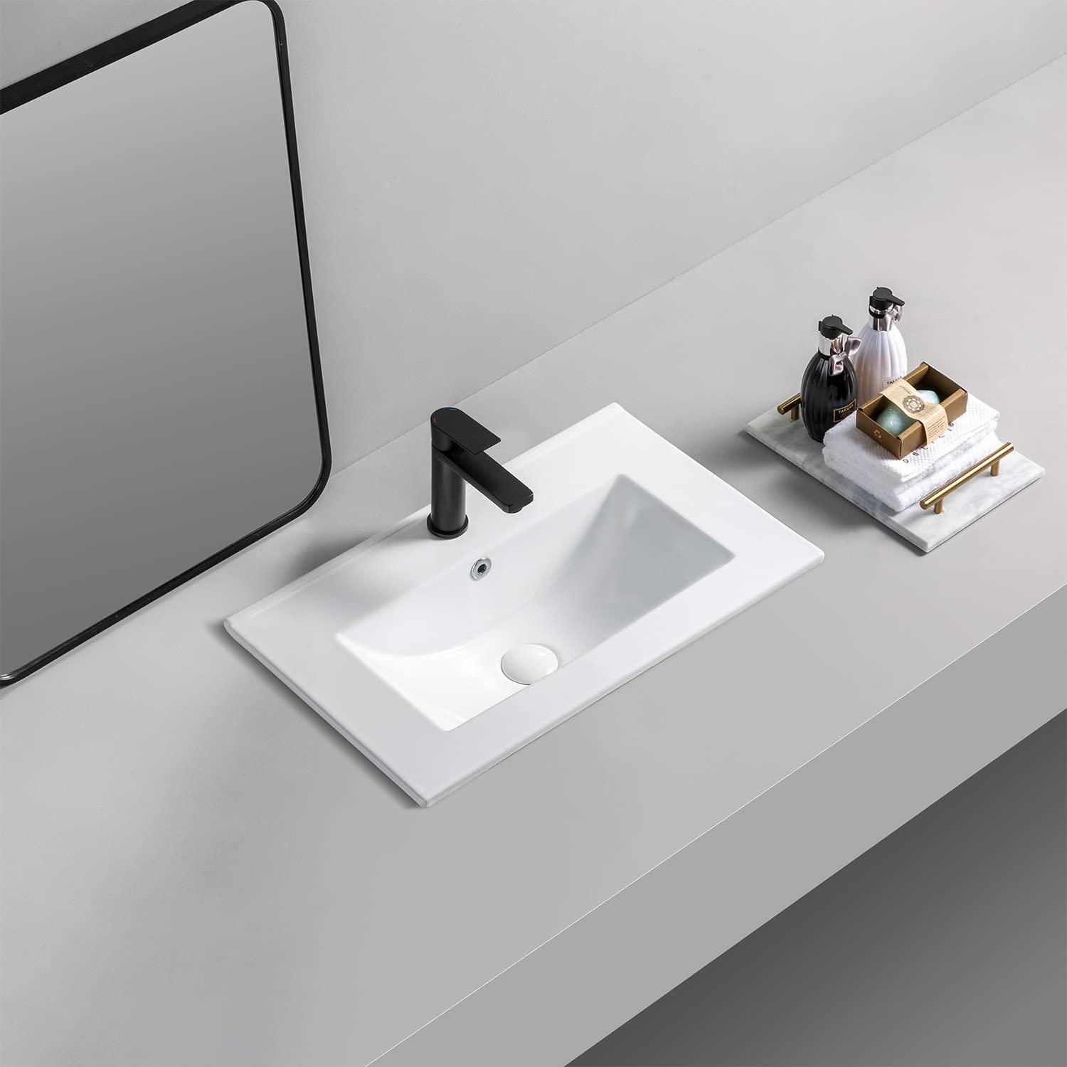 Miniyam 24" Ceramic Sink with Overflow, Drop in Bathroom Vessel Sink, White