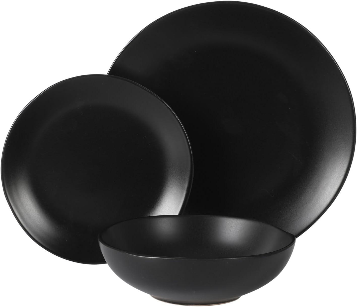 Gibson Home Bethel 18 Piece Plates and Bowls Ceramic Stoneware Organic Shape Dinnerware Set (Service for 6) - Matte Black