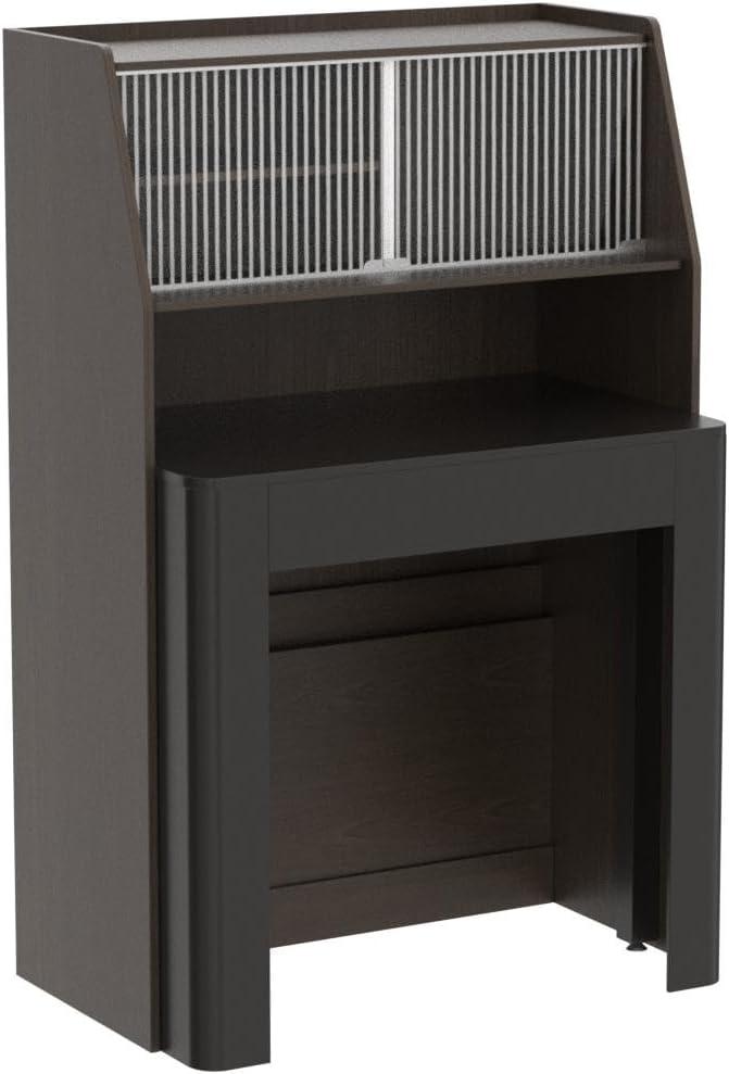 Modern Extendable Dining Table with Storage, Farmhouse Kitchen Table Rectangle Sideboard Glass Door (Walnut & Gray)