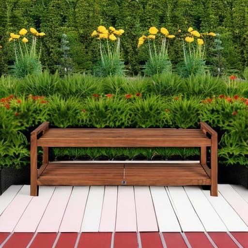 Blane 3-Seat Mid-Century Modern Acacia Wood Slat Outdoor Garden Patio Bench, Teak - JONATHAN Y