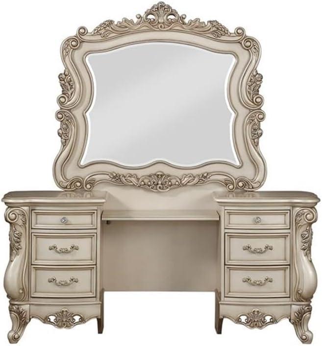 ACME Gorsedd 6-Drawer Wooden Vanity Desk and Mirror in Golden Ivory