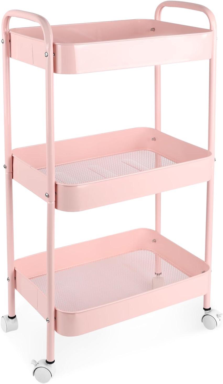 Pink 3-Tier Metal Rolling Utility Cart with Lockable Wheels