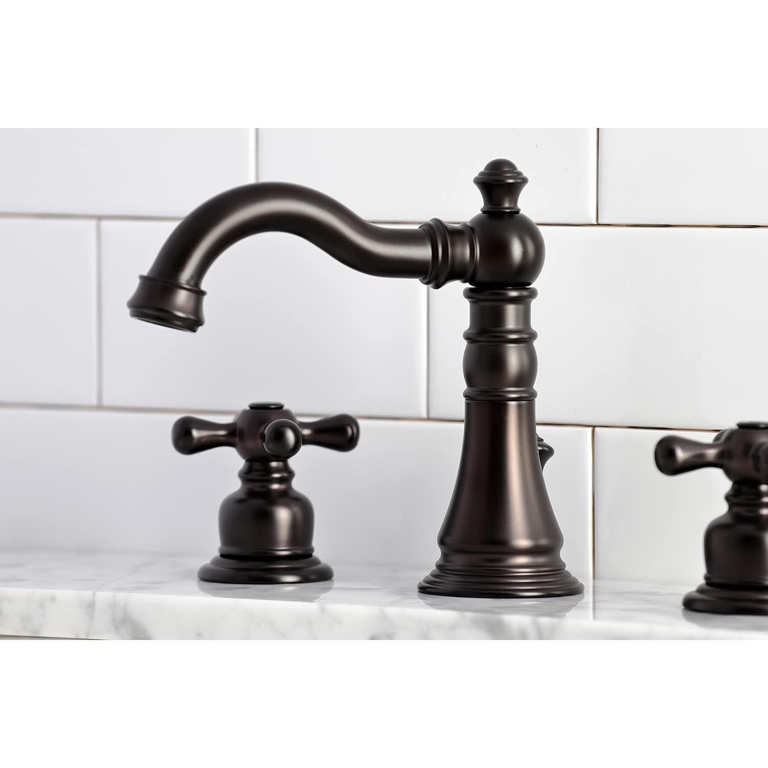 Kingston Brass American Classic Two-Handle 3-Hole Deck Mount Widespread Bathroom Faucet with Pop-Up Drain