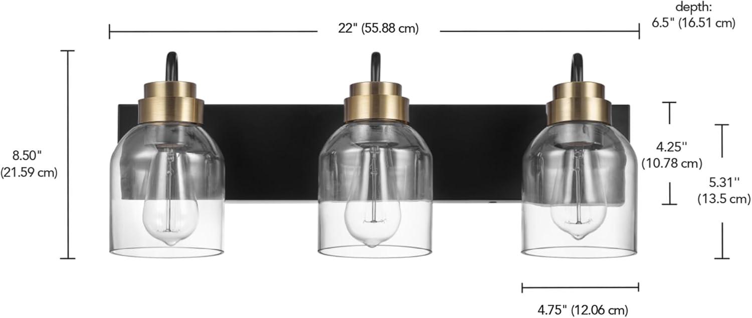 22 in. 3-Light Matte Black Vanity Light with Matte Brass Accents and Glass Shades