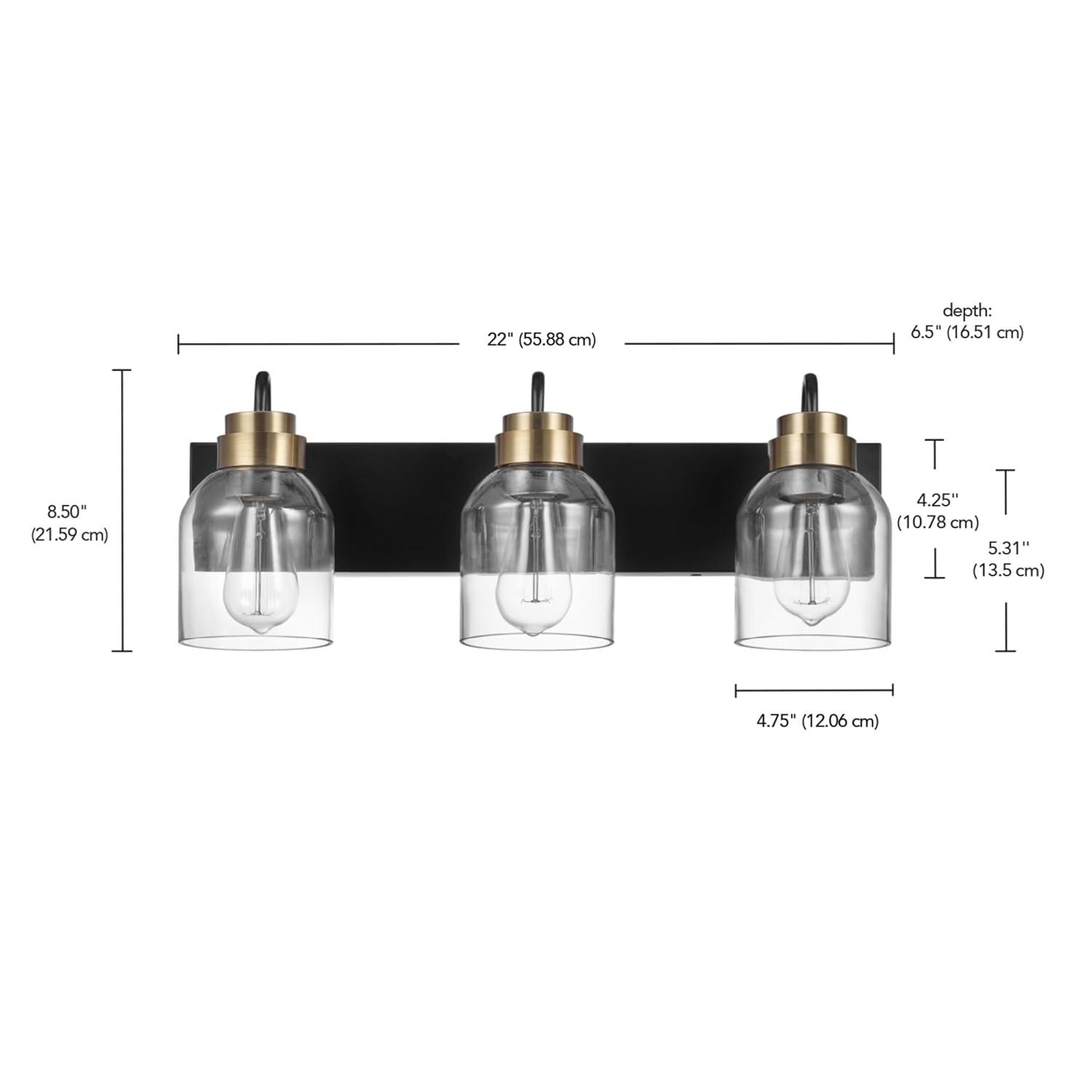 22 in. 3-Light Matte Black Vanity Light with Matte Brass Accents and Glass Shades