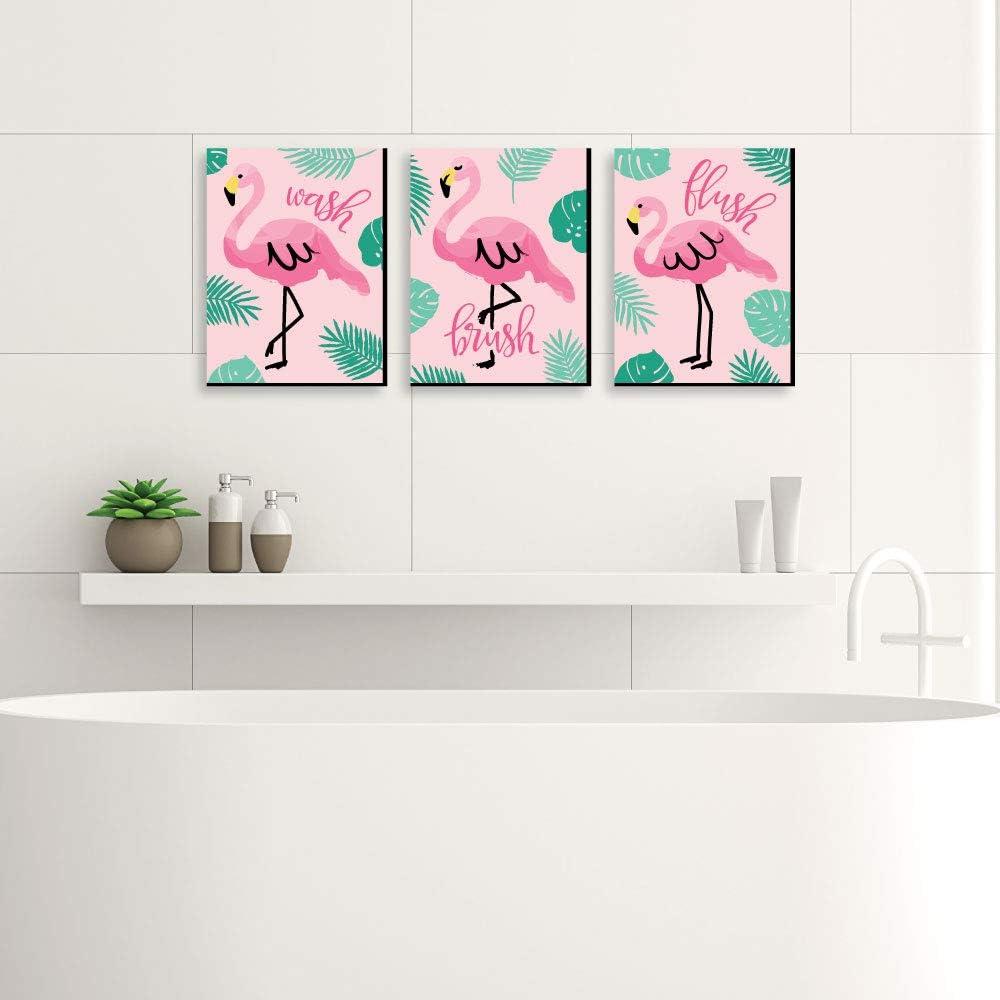 Big Dot of Happiness Pink Flamingo - Kids Bathroom Rules Wall Art - 7.5 x 10 inches - Set of 3 Signs - Wash, Brush, Flush