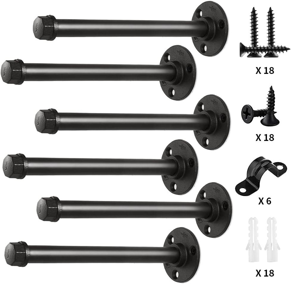 Black Industrial Iron Pipe Wall-Mounted Shelf Brackets, 10 Inches, Set of 6