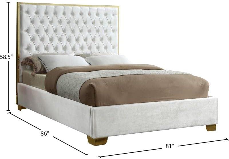 Luxurious White Velvet King Bed with Gold Metal Frame and Tufted Headboard