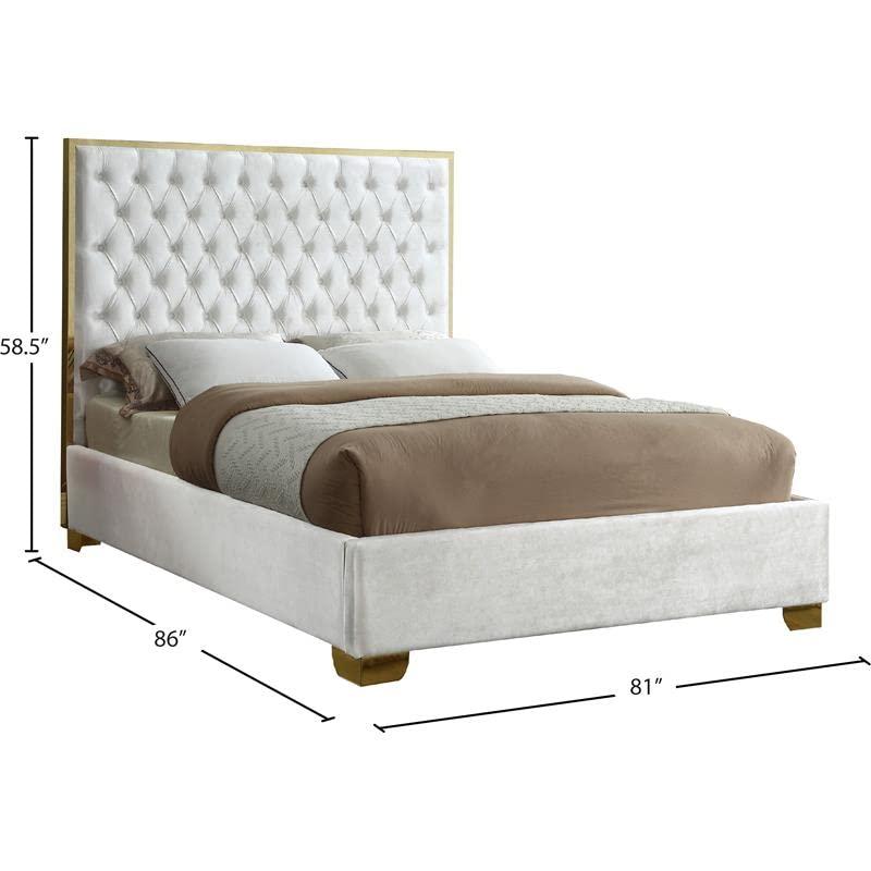 Meridian Furniture Lana Collection Modern | Contemporary Velvet Upholstered Bed with Deep Detailed Tufting and Gold Legs, King, White