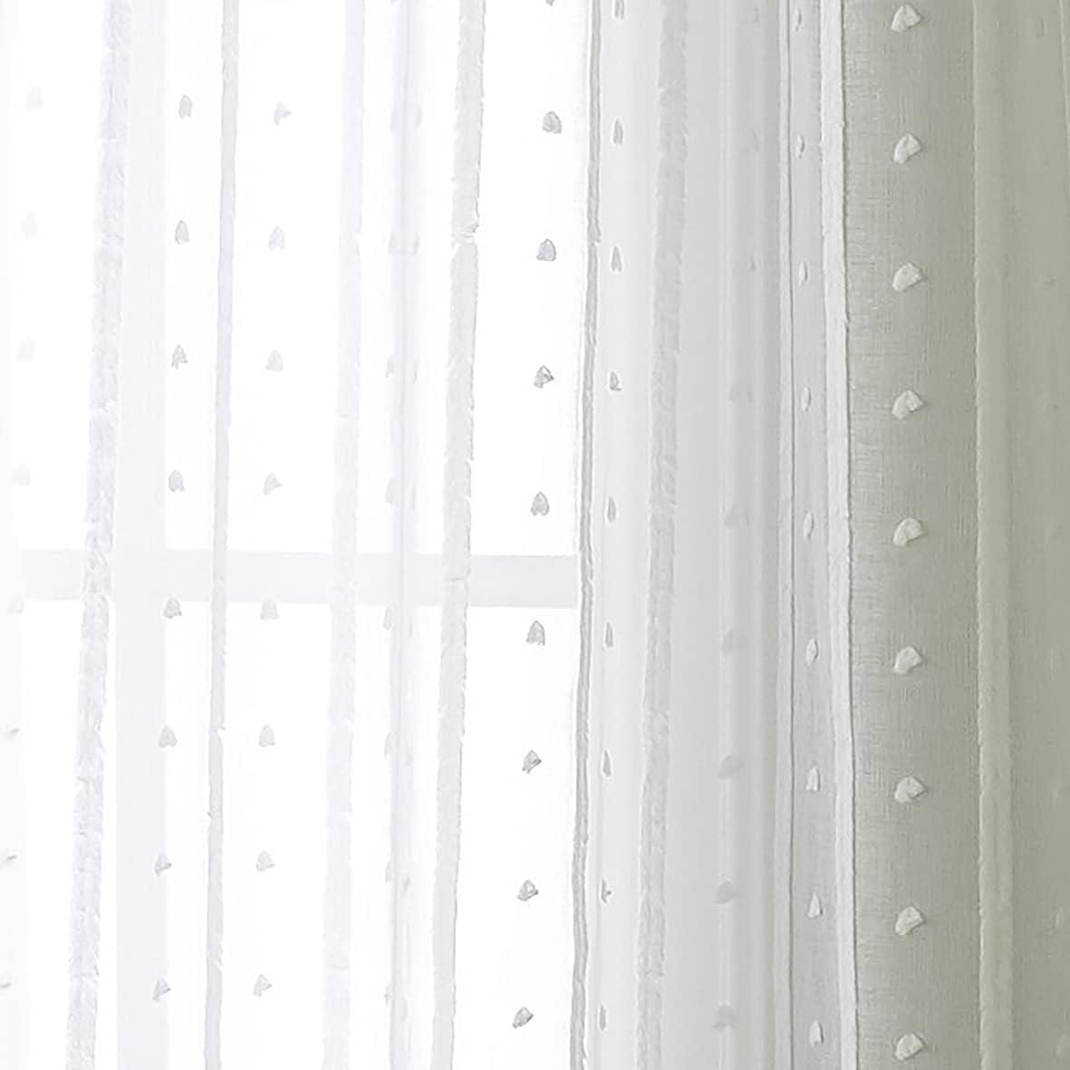 Lanco Elenor Stripe and Dot Semi-Sheer, Set of 2 Curtain Panel Pair, Grommet, White, 2" Header Size, Semi-Sheer, 37 x 84", 100% Polyester