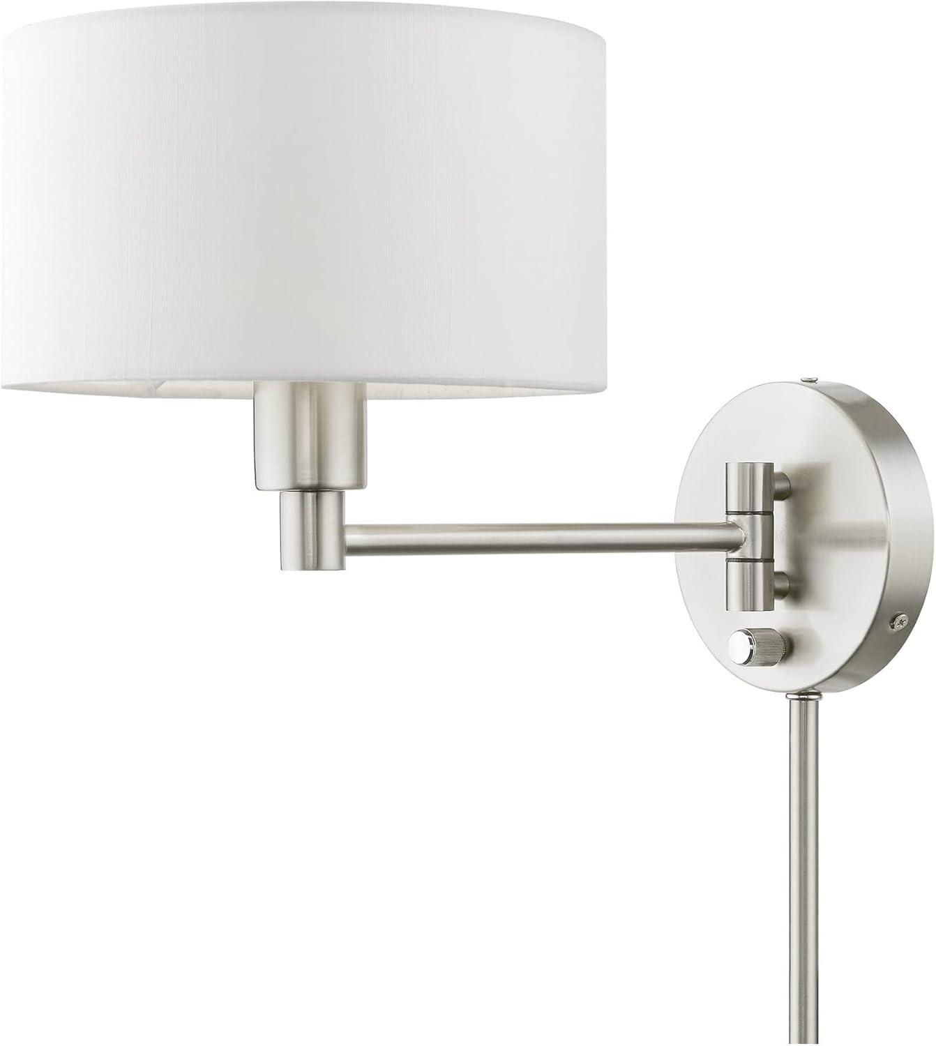 Transitional Brushed Nickel Swing Arm Wall Lamp with Off-White Shade