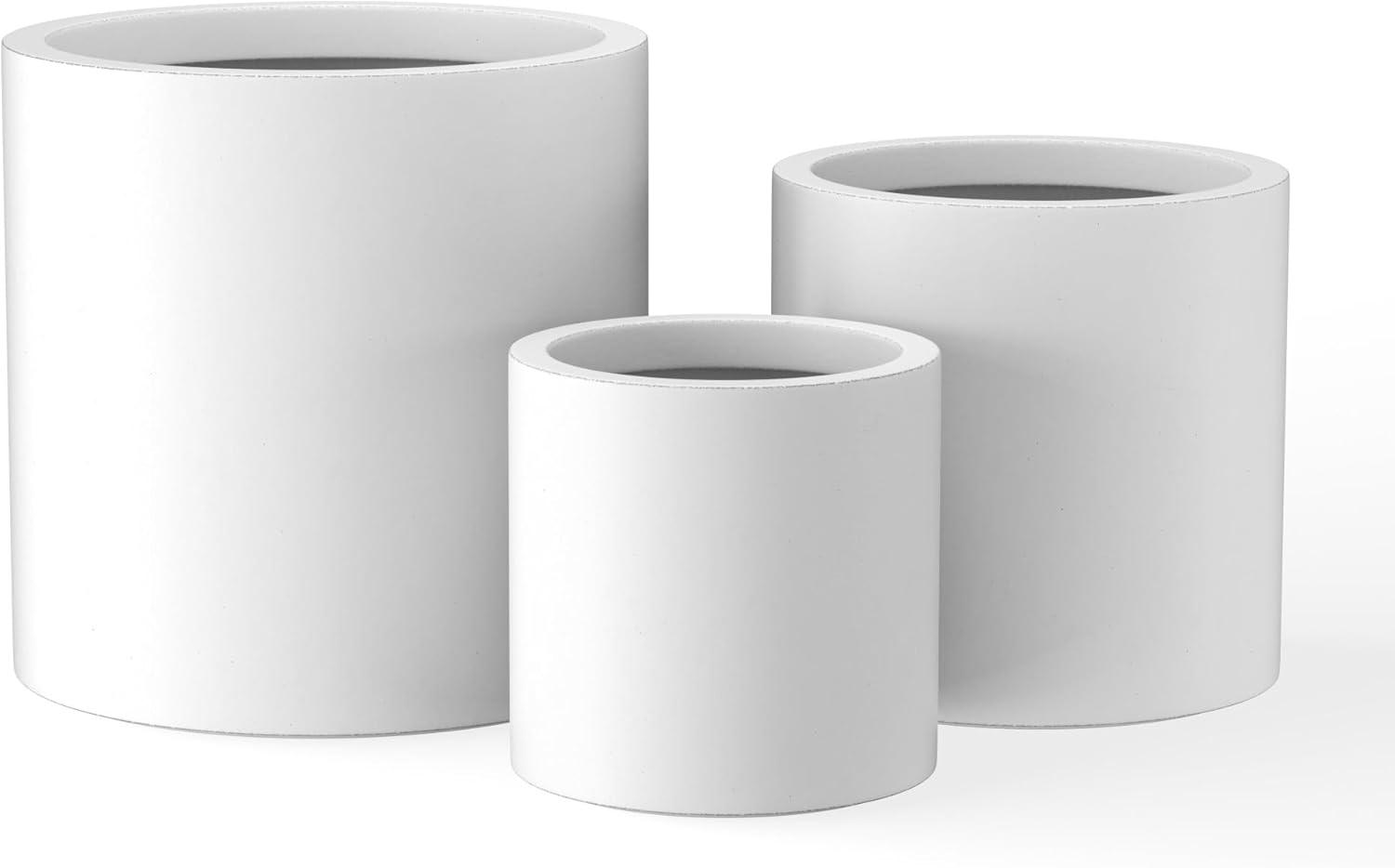 Set of 3 Modern Cylindrical Lightweight Concrete Outdoor Planters Pure White - Rosemead Home & Garden, Inc.