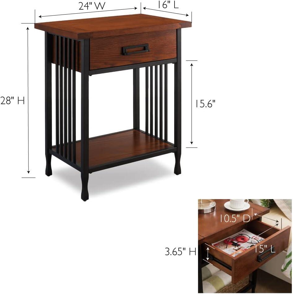 Mission Oak and Matte Black Metal 1-Drawer Nightstand