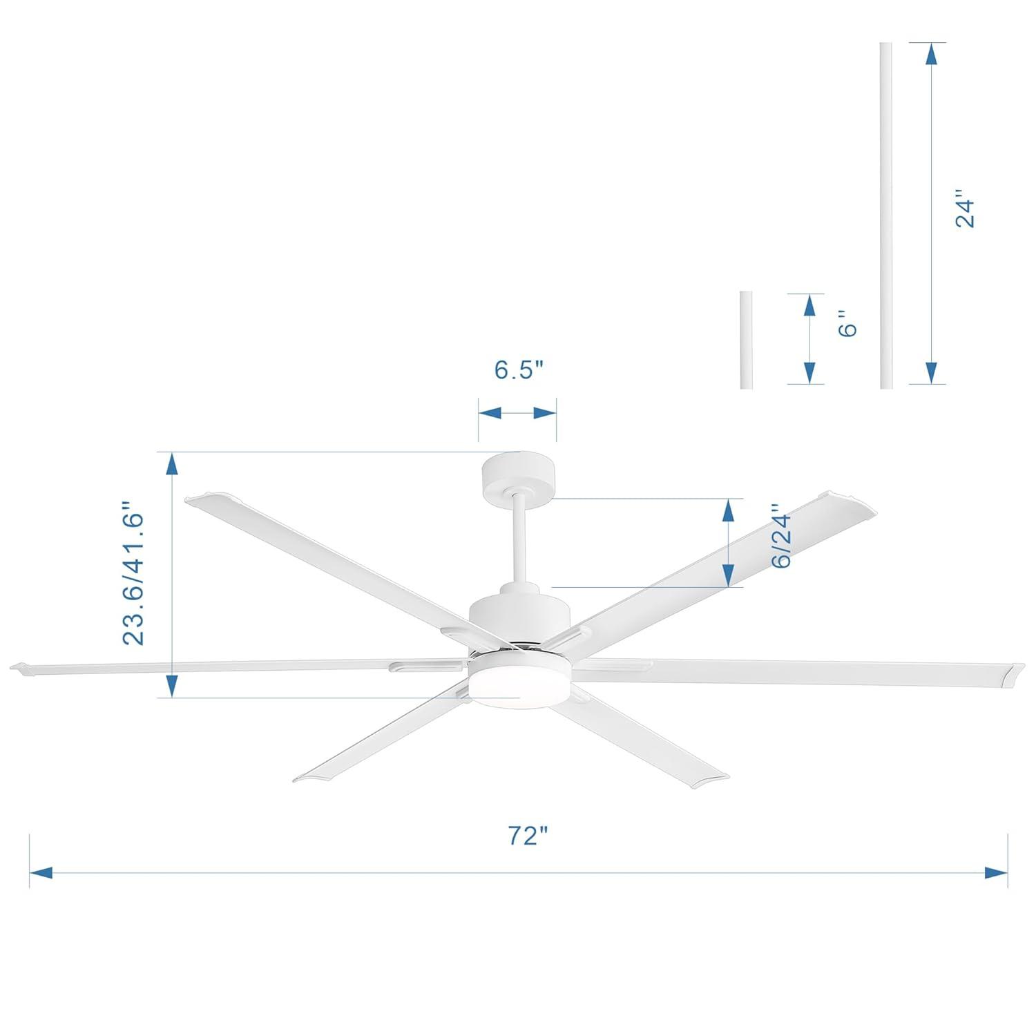 72" White Metal Ceiling Fan with LED Light and Remote Control