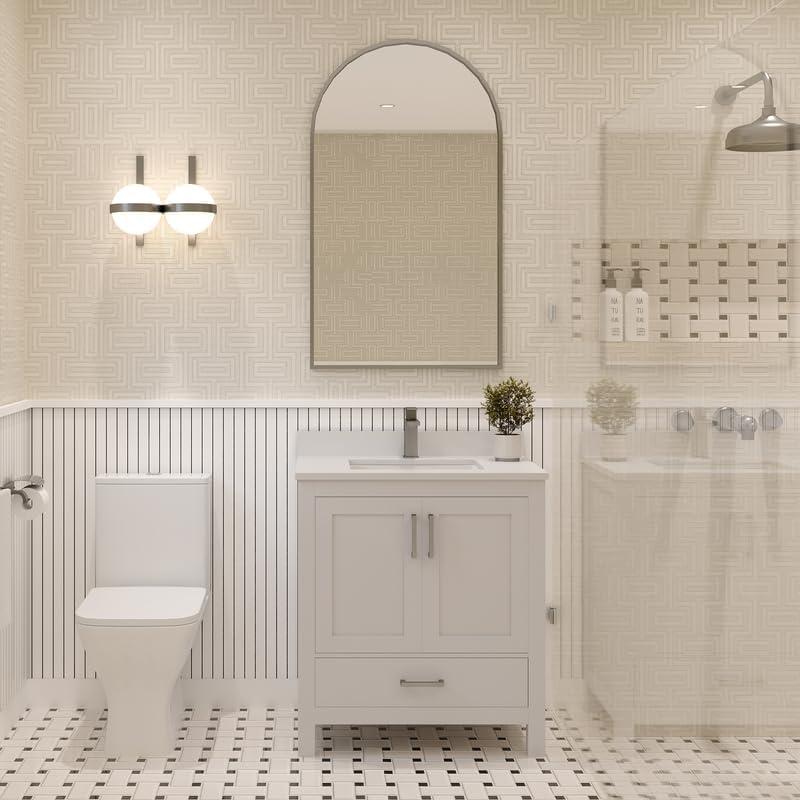 Ayna Decors Rooh 24 in White Bathroom Vanity Set with White Quartz Countertop | Ceramic Sink | 2 Soft Closing Doors | 1 Full Extention Soft Close Drawer | Brushed Nickel Hardware | AVR24WH3002