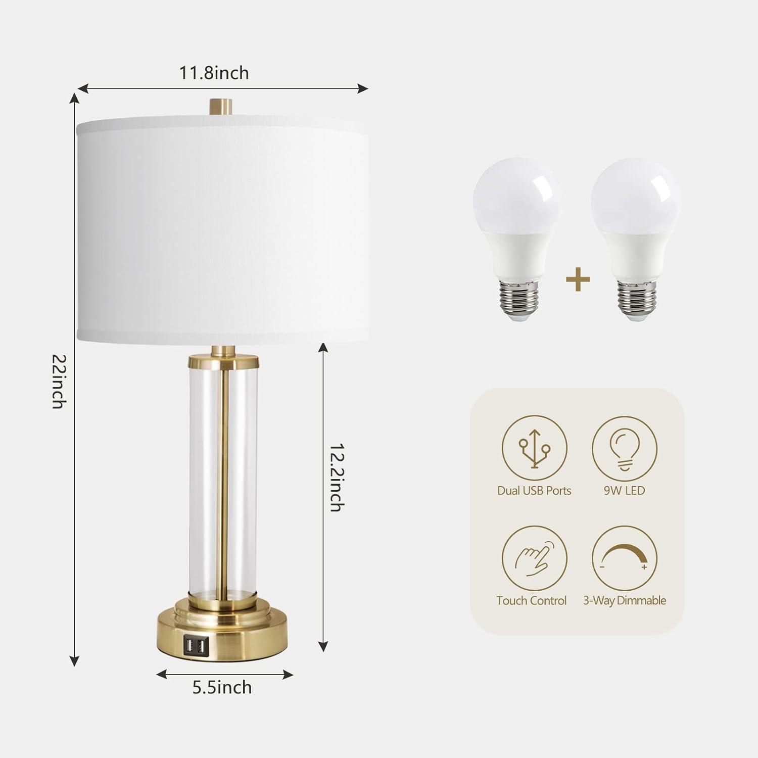 QiMH Lamps for Bedrooms Set of 2, Touch Control Table Lamps with Dual USB Ports, 3-Way Dimmable Bedside Lamp with Fabric Lampshade, Modern Nightstand Lamp for Living Room Bedroom (LED Bulbs Included)
