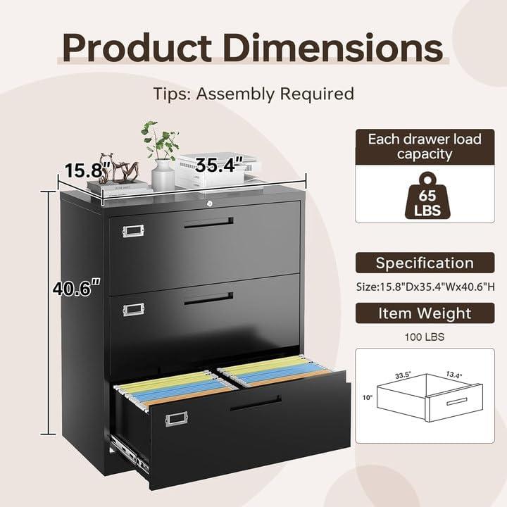 3 Drawer File Cabinet with Lock,Under Desk File Cabinet with Wheels,Black Rolling File Cabinet,Three Drawer Metal Filing Cabinet for Home Office,Fit A4/Letter/Legal File,Fully Assembled Except Casters