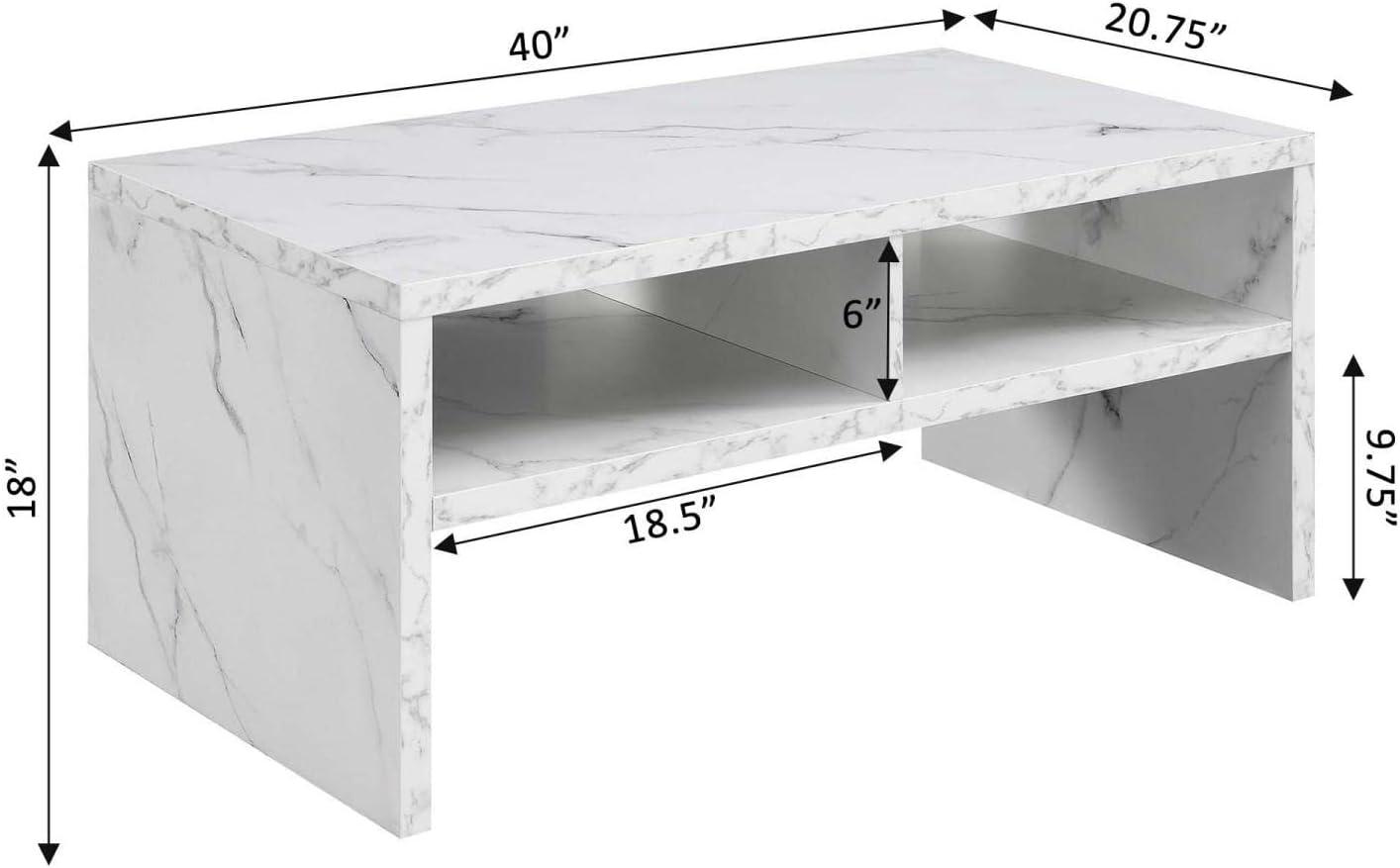 Modern Rectangular Wood & White Marble Coffee Table with Shelves