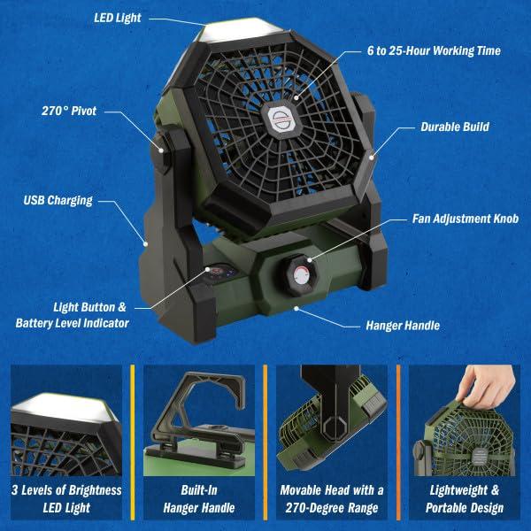 wakeman Wakeman Outdoors Camping Fan and Tent Light - Rechargeable 5400mAh Lithium Battery, Green