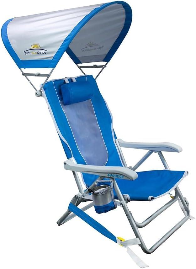 Blue Reclining Beach Chair with Adjustable Canopy and Armrests