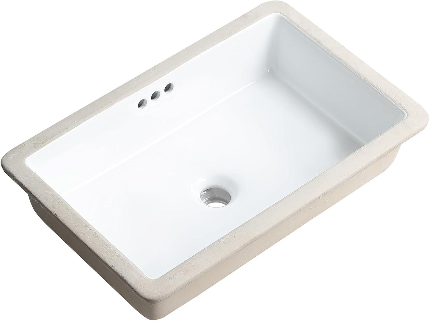 22" White Ceramic Rectangular Undermount Bathroom Sink