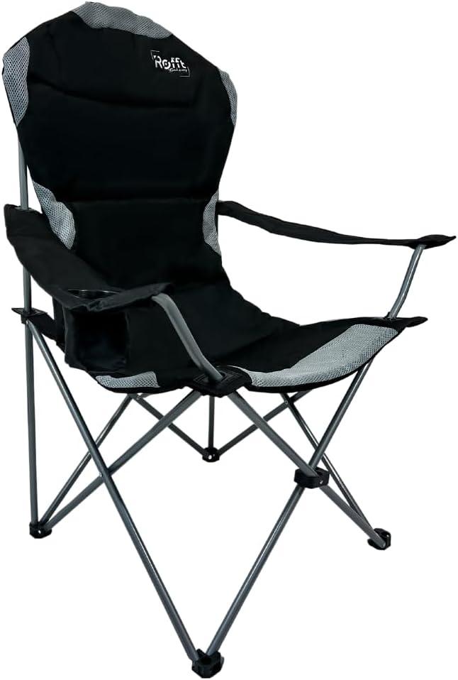 ROFFT Camping Chair, Folding, Heavy Duty, Portable, 250 lb Capacity, High Back, with Cup Holder, Black