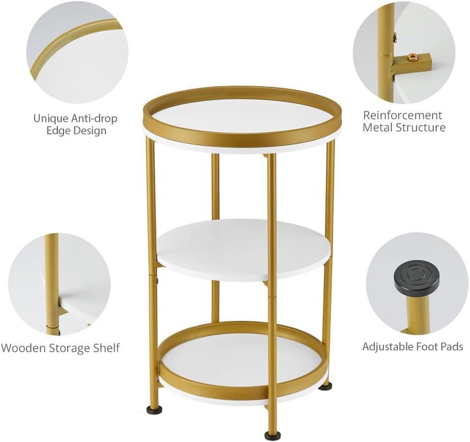 White and Gold Round End Table with 3 Shelves