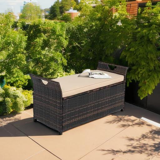 VINGLI 40 Gallon Wicker Storage Bench, Patio Cushion Storage Box Designed with Side Handles, Rattan Deck Box for Garden Tools, Cushions, Outdoor Patio Deck Box for Garden, Poolside, Brown