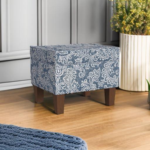 Medium Storage Ottoman Denim - HomePop: Upholstered Footstool, Botanical Pattern, Hardwood Frame