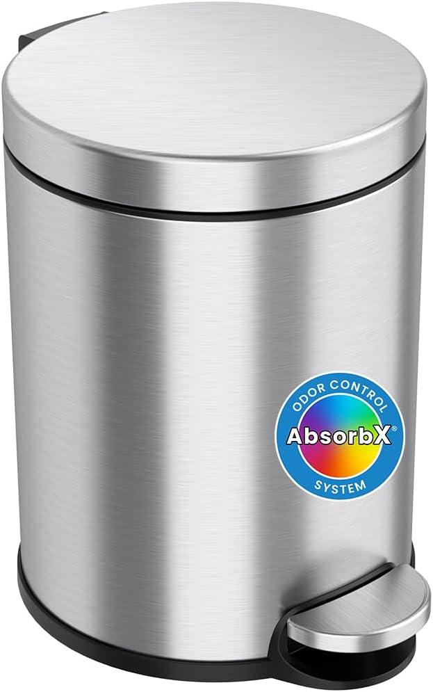 iTouchless Step Pedal Bathroom Trash Can with AbsorbX Odor Filter and Removable Inner Bucket 1.32 Gallon Round Stainless Steel